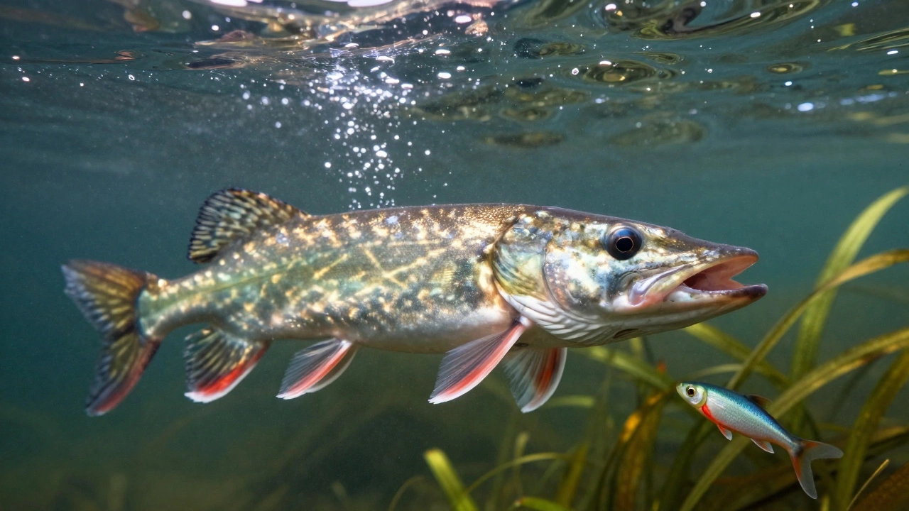 Щука под водой атакует серебристую блесну с красной полоской, солнечные лучи в воде.