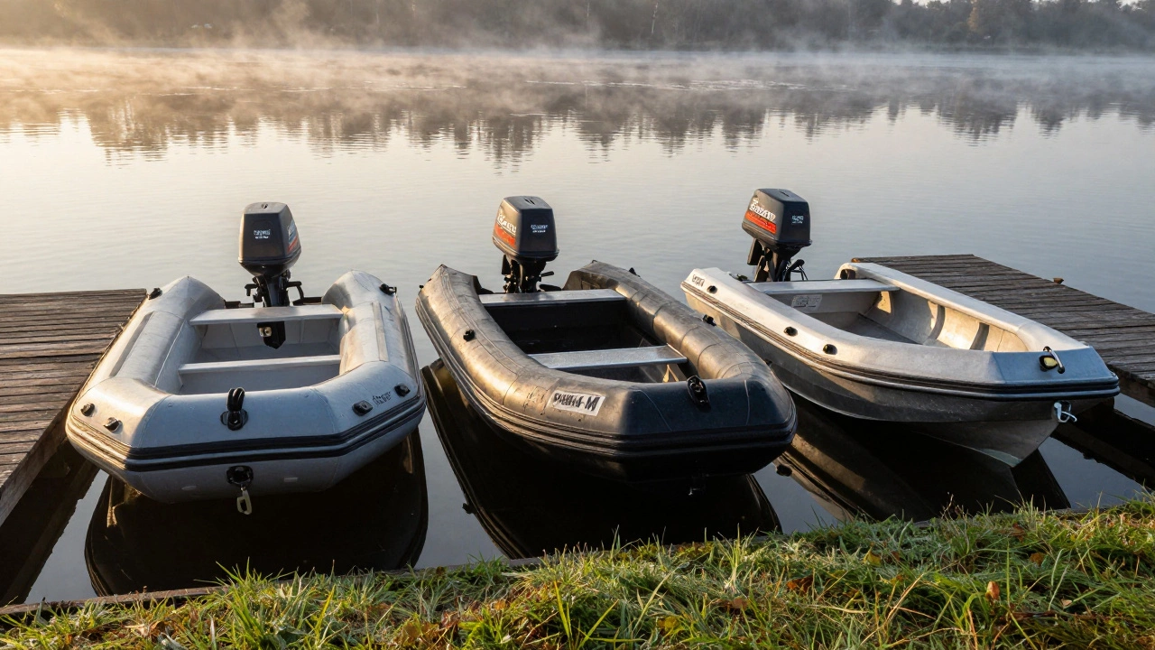 Три типа маленьких моторных лодок на деревянном причале: ПВХ, резина и алюминий.