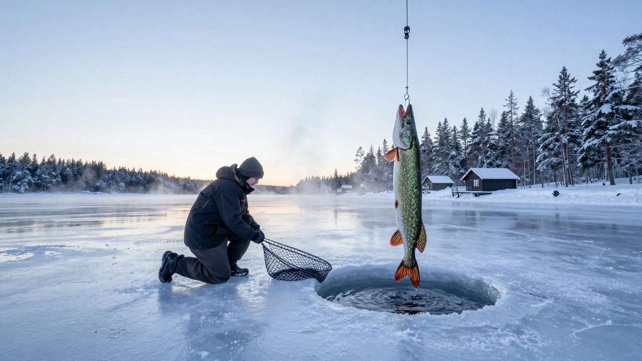 Зимняя рыбалка в Финляндии: рыбак через лунку в льду вытаскивает гигантскую щуку.
