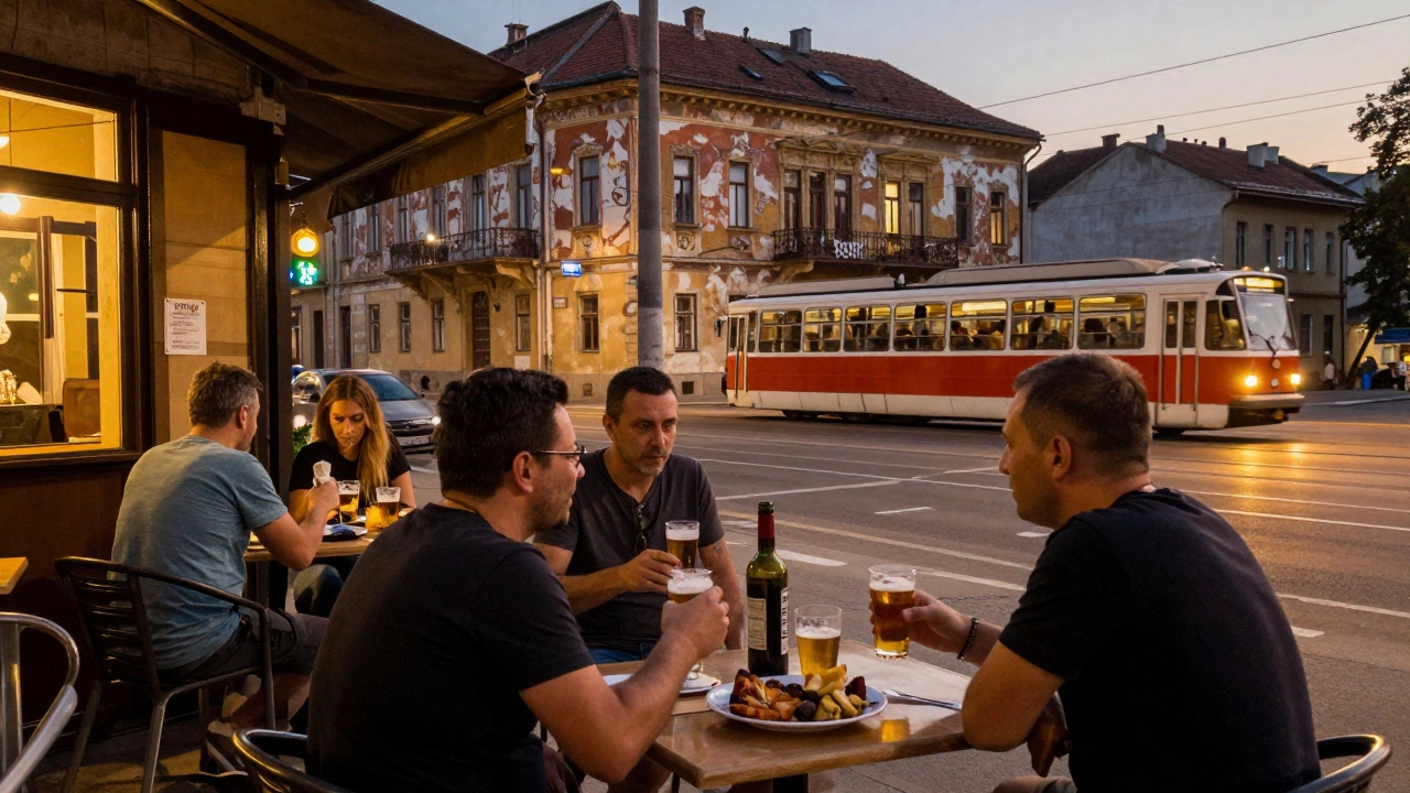 Бар в Белграде на закате: люди пьют пиво, за спиной — трамвай и старинное здание.