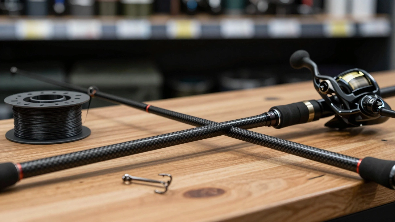 Безынерционная катушка и удилище на деревянном столе