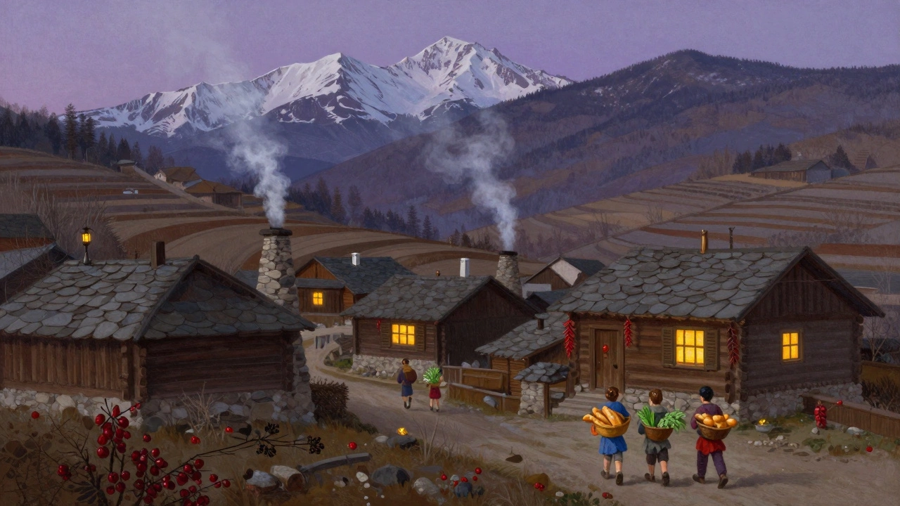Горная деревня на закате: дым из труб, дети с хлебом, деревянные дома, нет машин.
