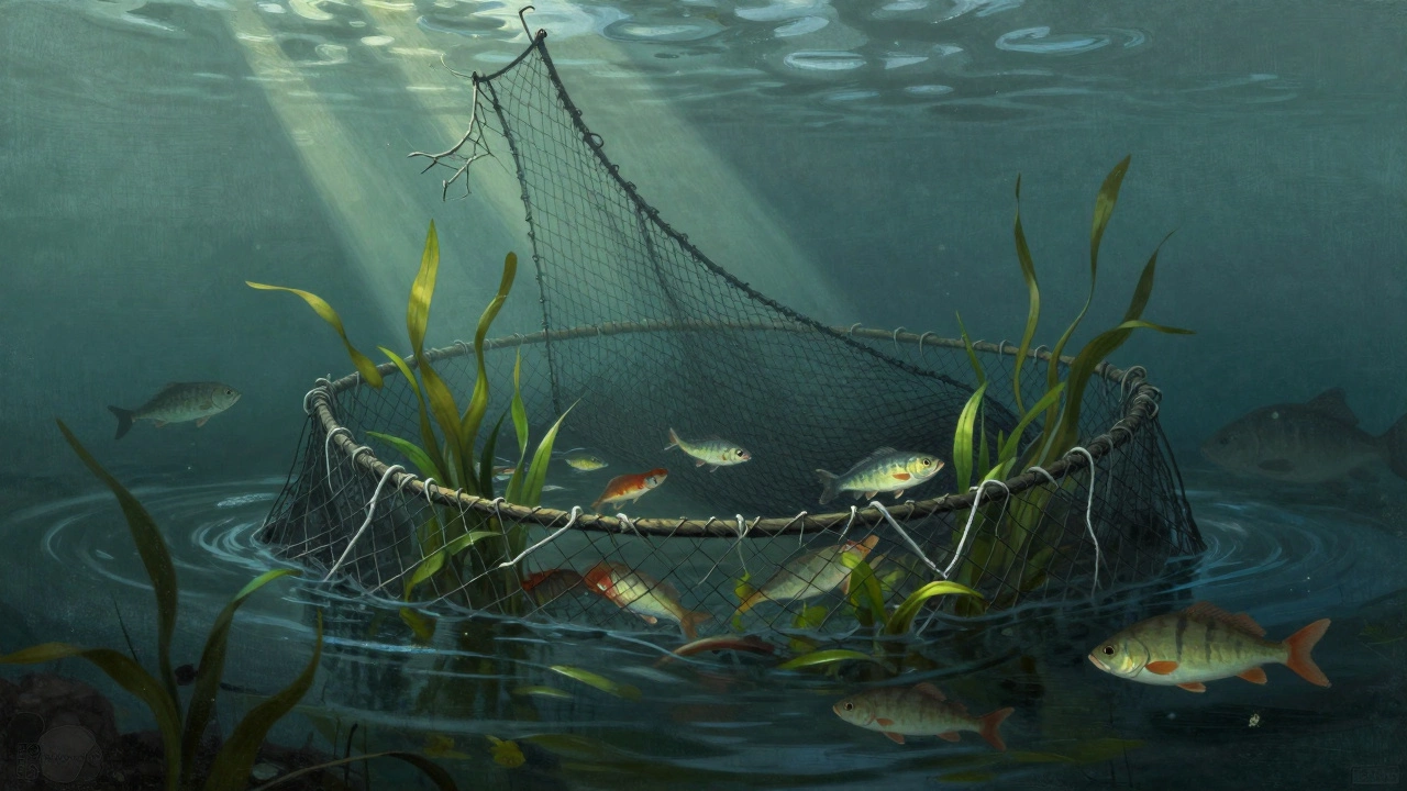 Подводная запрещённая сеть в Волге, запутавшая мелкую рыбу и водные растения.