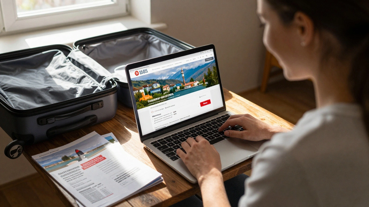 Путешественник бронирует тур дешевле на ноутбуке, рядом лежит дорогой буклет