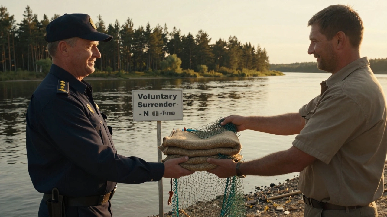 Рыбак сдаёт запрещённую сеть в офис Росрыболовства, несущий мешок с снастью.