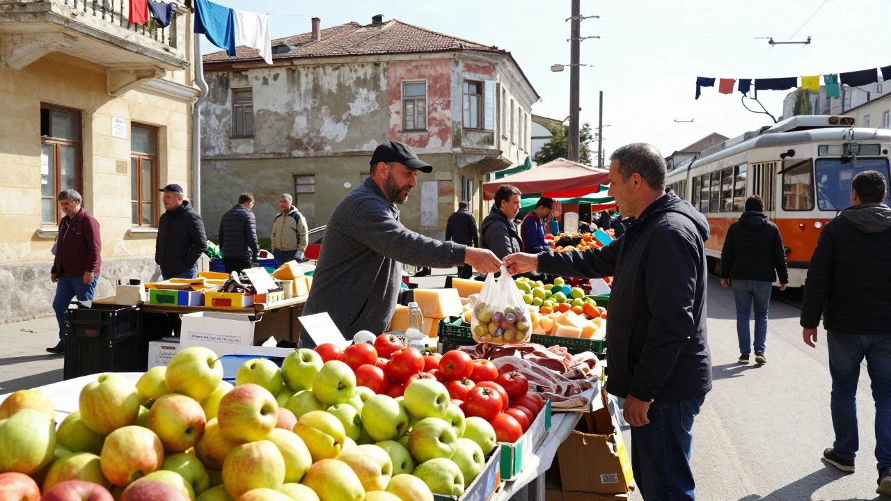 Рынок в Одессе с свежими фруктами, сыром и мясом, местные жители совершают покупки.