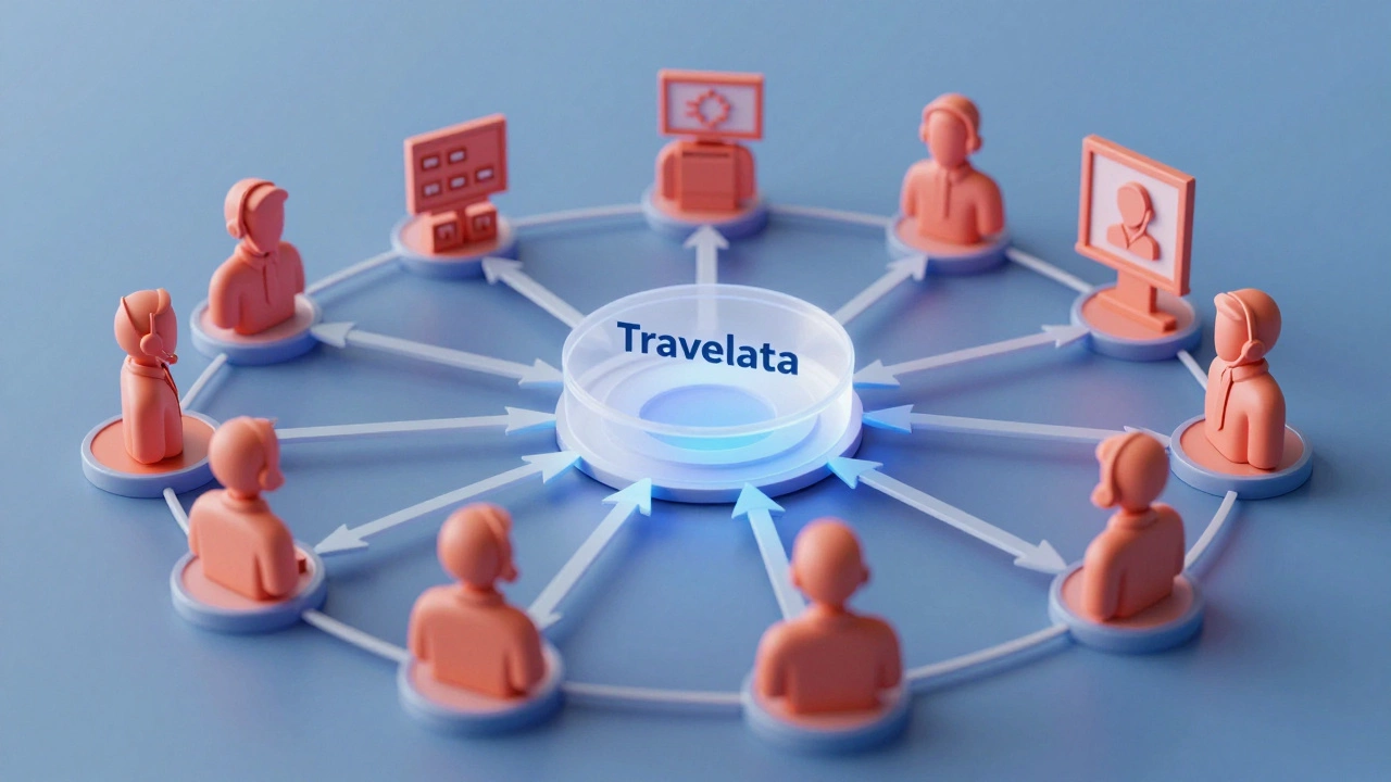 Схема связи между туроператорами и агрегатором с символами расходов