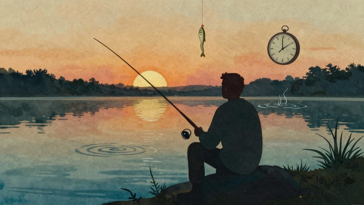 Силуэт рыбака у озера на закате, вокруг — абстрактные символы природы и терпения.