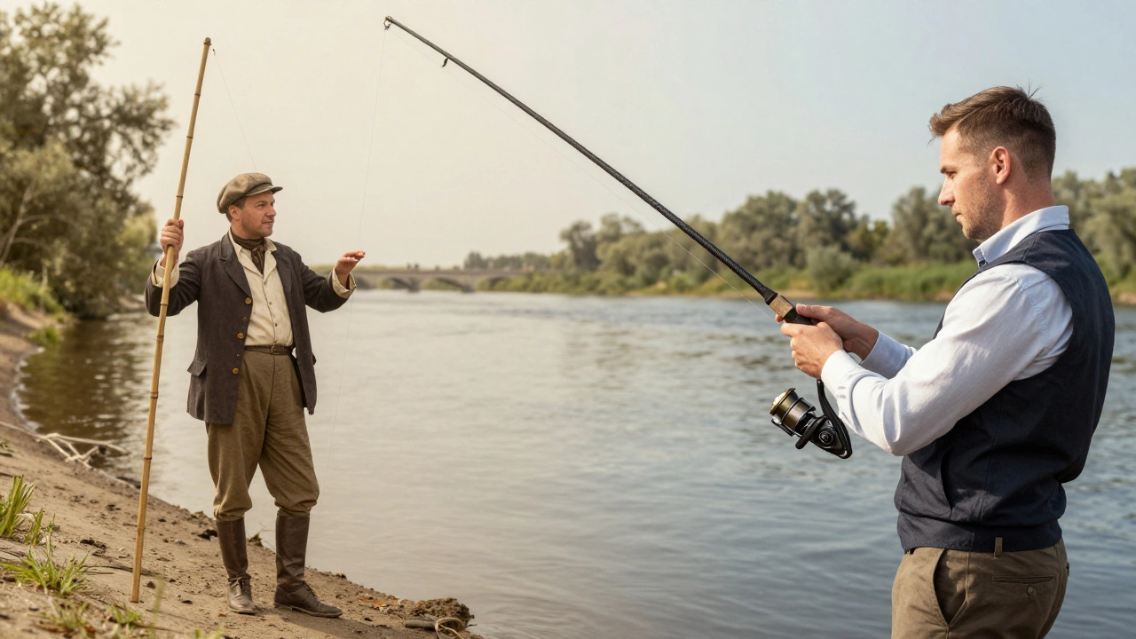 Сравнение старинной и современной рыбалки: бамбуковая палка и углепластиковое удилище
