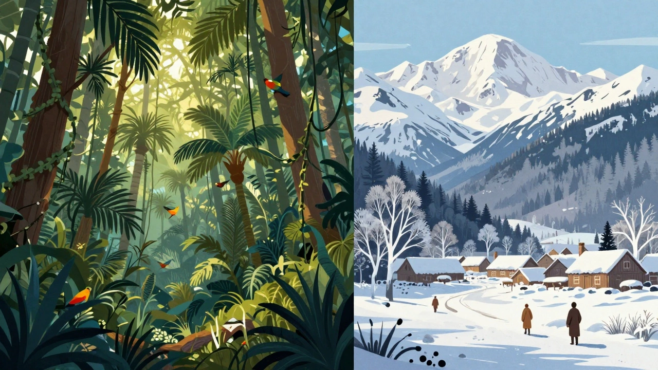 Сравнение тропического леса Бразилии и гор Кавказа в России с ярким контрастом климатов.