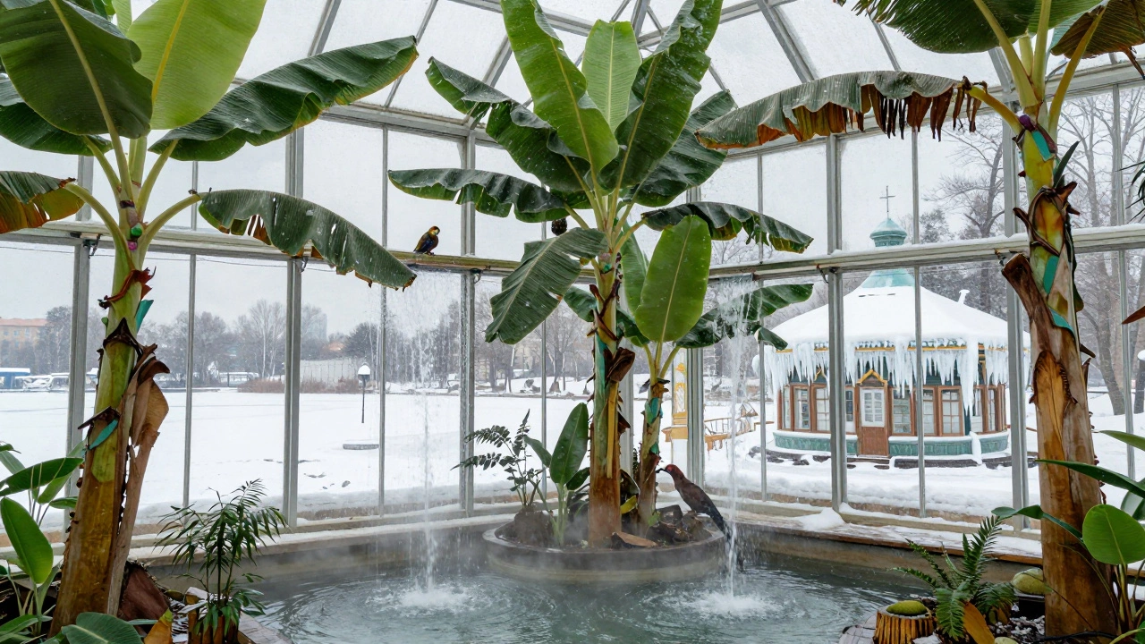 Стеклянная оранжерея с тропическими растениями внутри, за окном которой — зимний пейзаж России.
