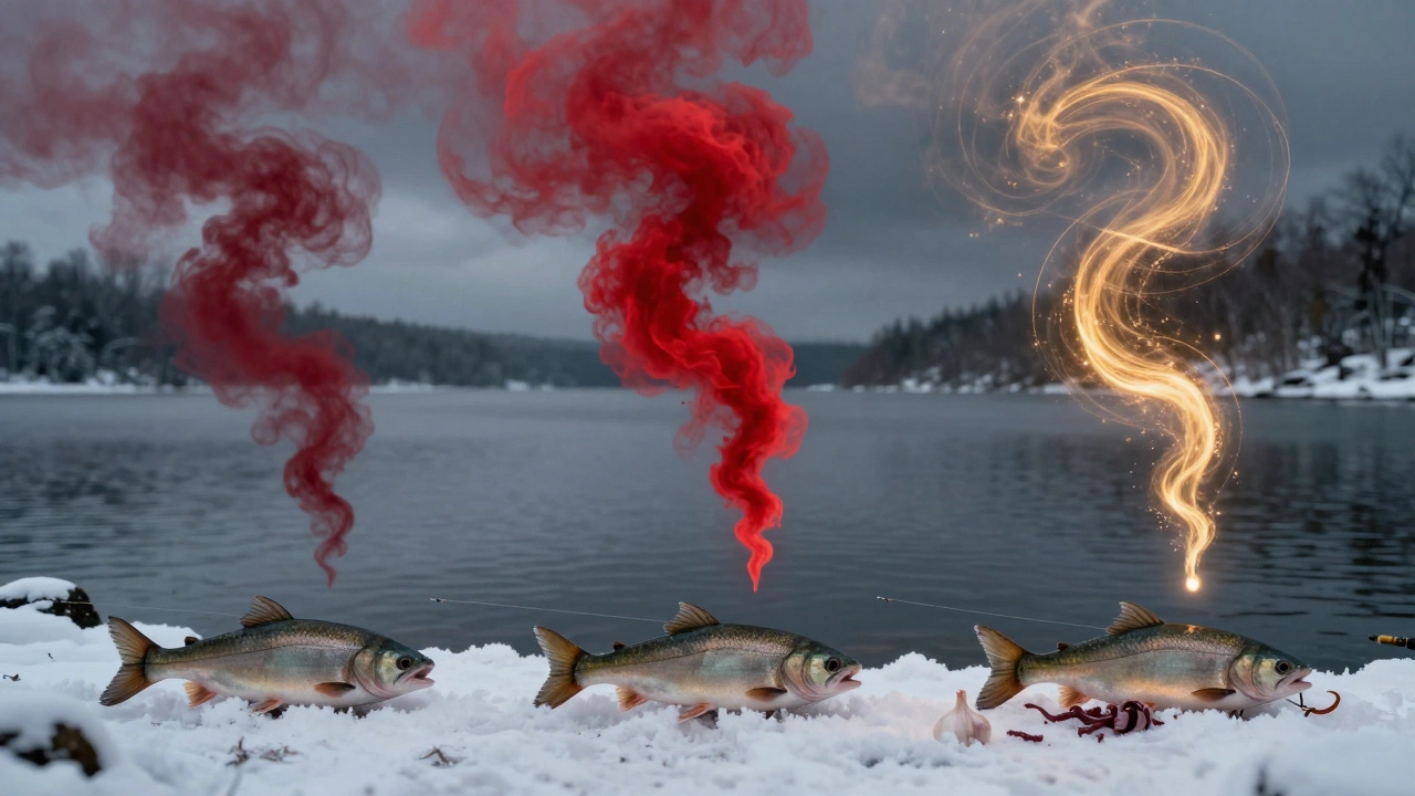 Три удочки на льду: только натуральный запах привлекает рыбу, химические ароматы отпугивают.