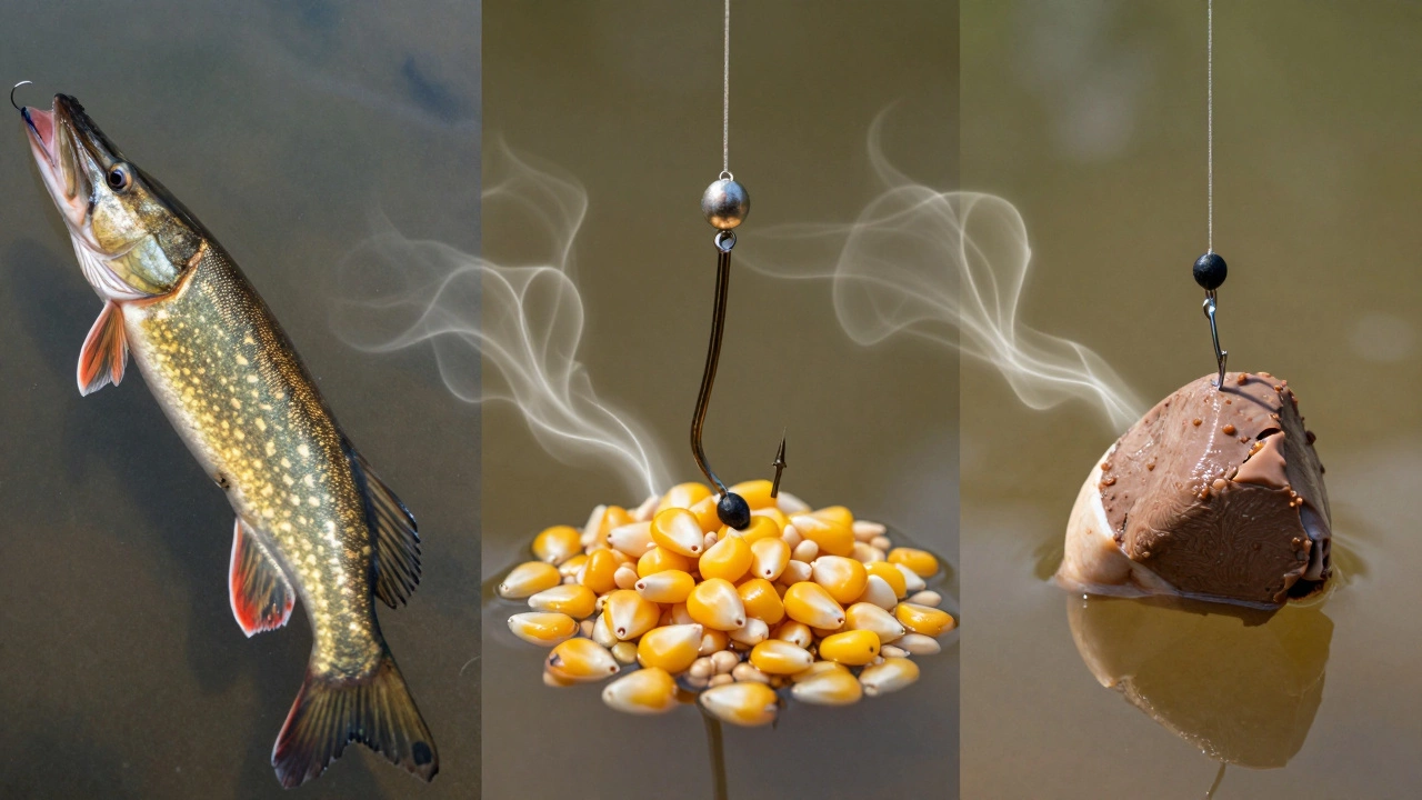 Три вида наживок: живец, кукуруза и печень — привлекающие разную рыбу.