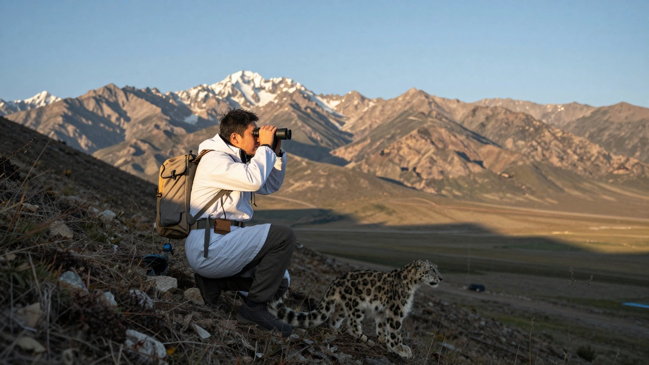 Учёный наблюдает за снежным барсом в горах Алтая, на фоне нетронутой природы.