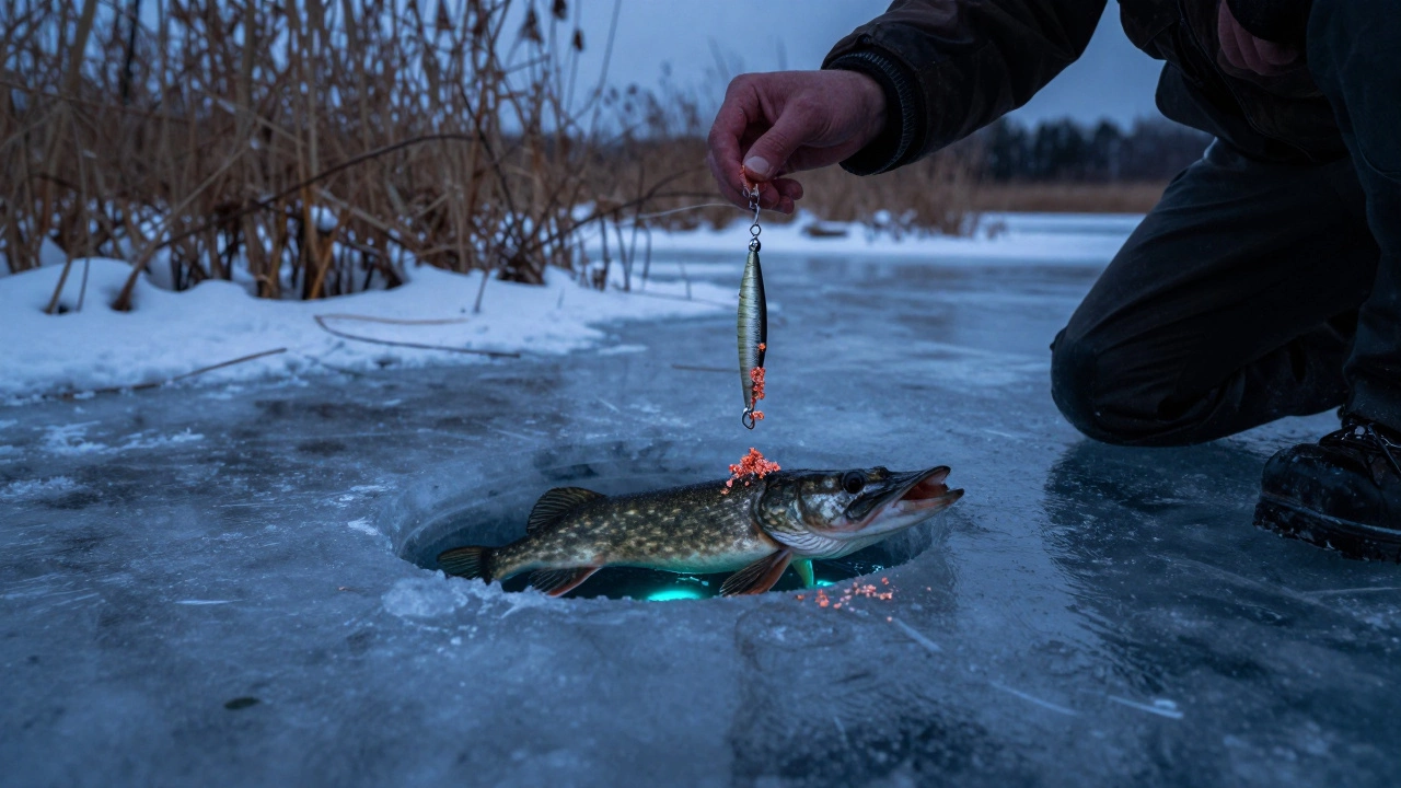 Зимняя ловля на льду: мормышка с порошком креветки привлекает вялую щуку под льдом.