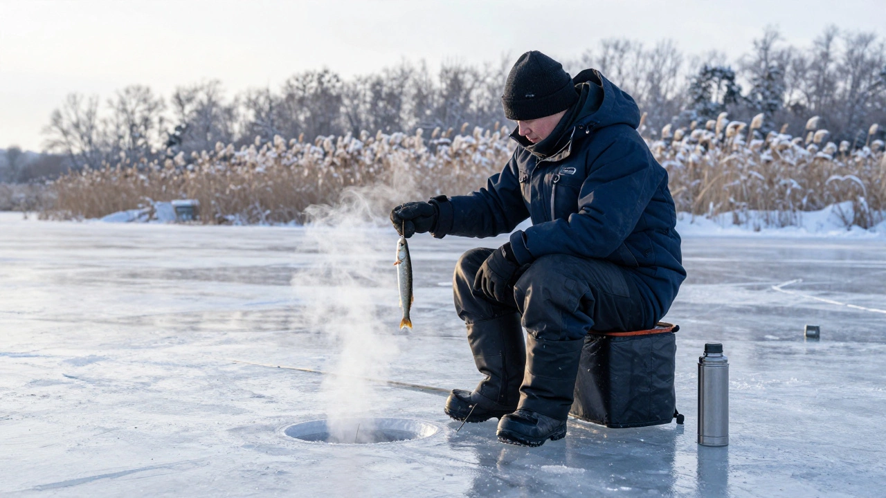 Зимний рыбак на льду в термобелье, ловит на мормышку, рядом термос и стул.