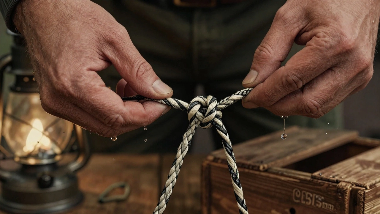 Ближний план рук, завязывающих узел Баскет с лесками разного диаметра.
