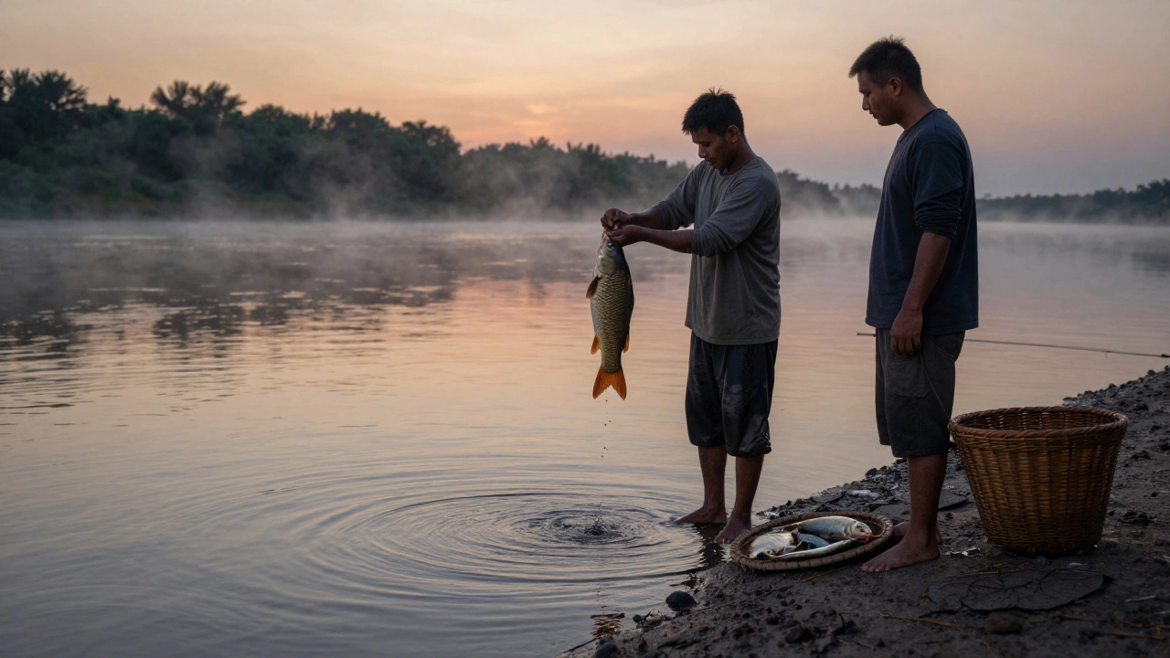 Два рыбака на берегу реки держат пойманную рыбу, ничего, кроме рук и природы, не используется.