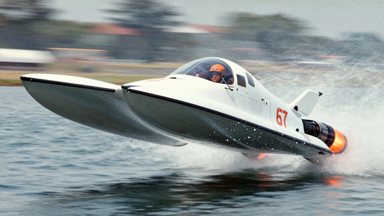 Гидроплан на грани отрыва от воды, вид сбоку, с брызгами и выхлопом реактивного двигателя.