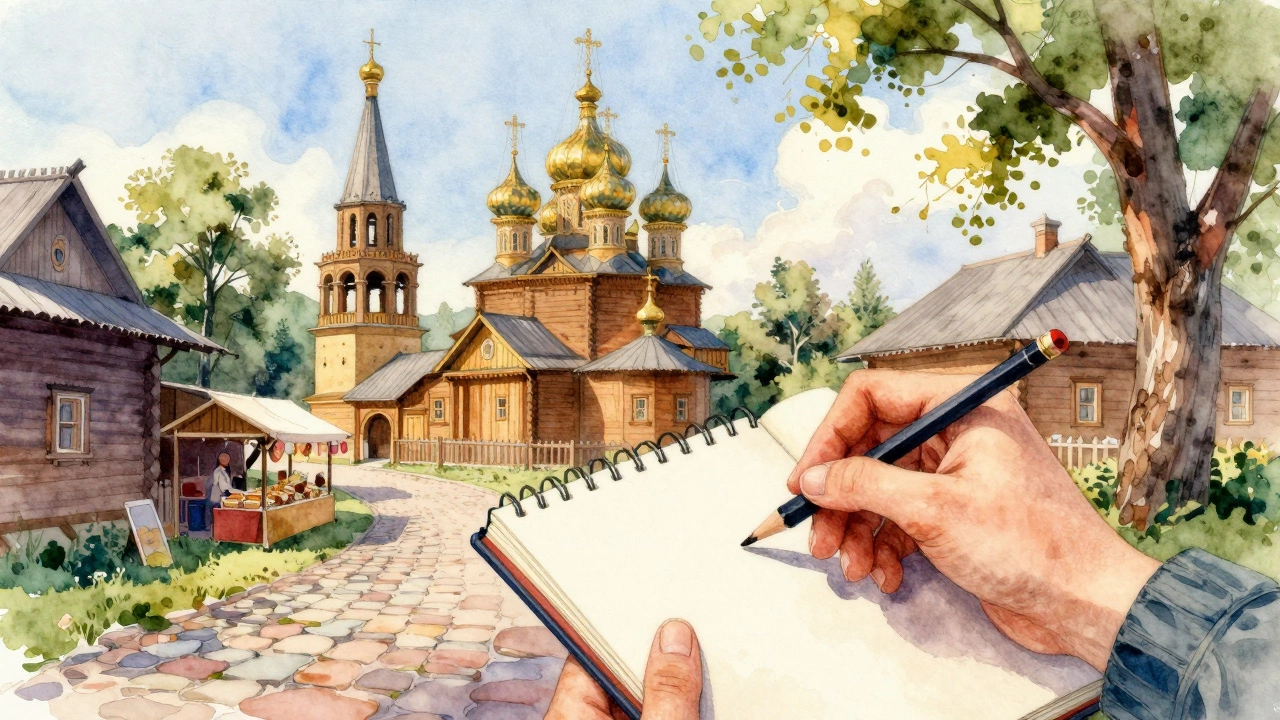 Художник рисует в деревне Золотого кольца, старинные церкви на заднем плане