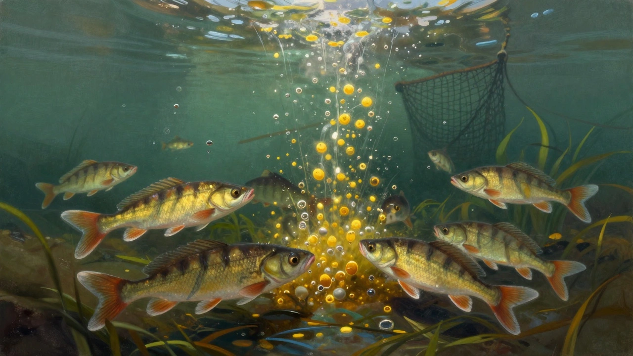 Подводная сцена нереста рыбы: лещ, щука и окунь откладывают икру в мелкой воде.