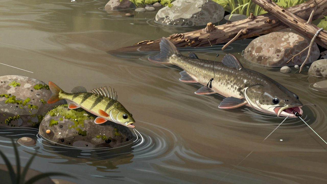 Подводная сцена: тонкая леска для плотвы и толстая для сома на дне реки с корягами и камнями.