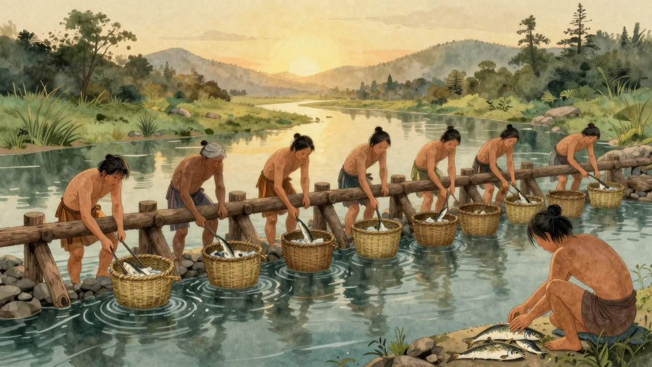 Примитивная запруда в реке ловит карпов, люди собирают улов на закате.