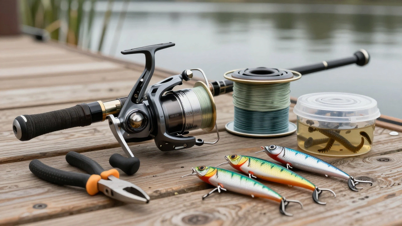 Разложенные снасти: катушка, плетеный шнур, приманки, пинцет и контейнер для наживки на деревянном причале.