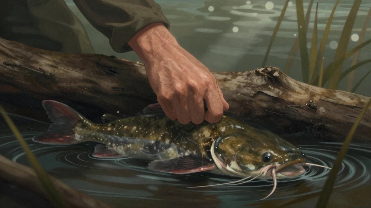 Рука рыбака медленно сжимает сома в подводной щели, вода вокруг него тихо колышется.