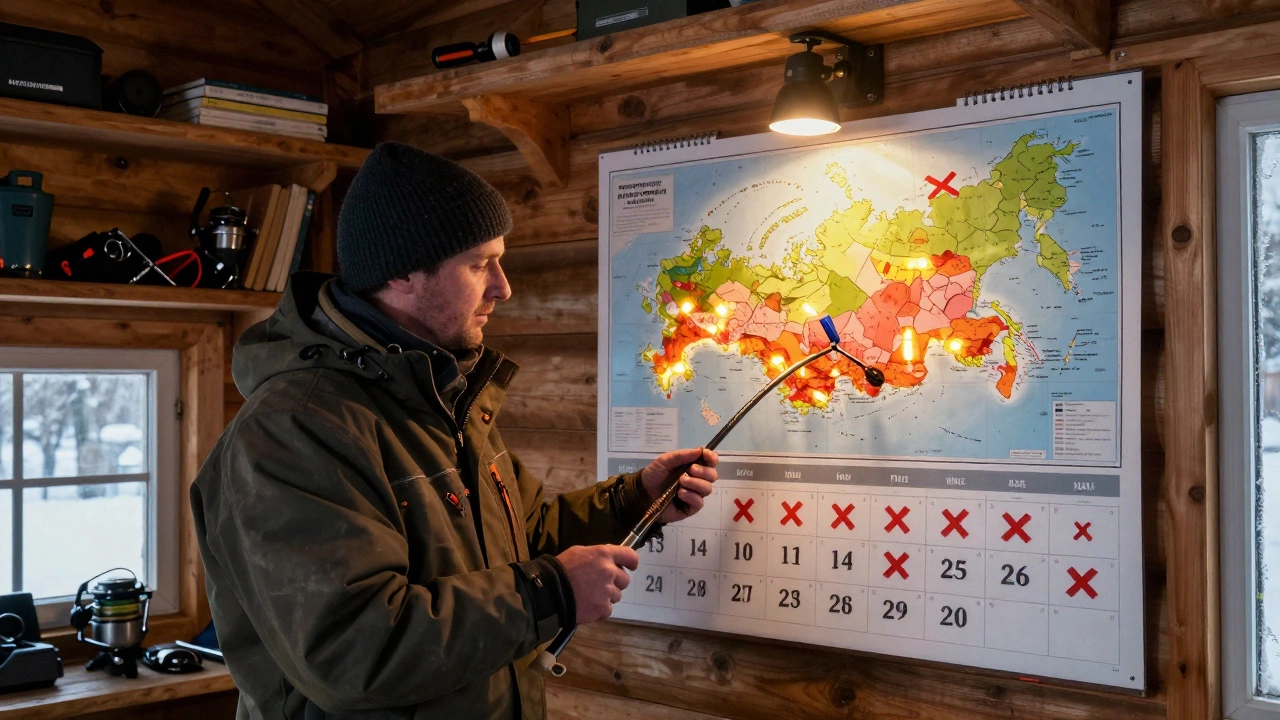 Рыбак с чиненной снастью смотрит на календарь с запретными месяцами и картой России.