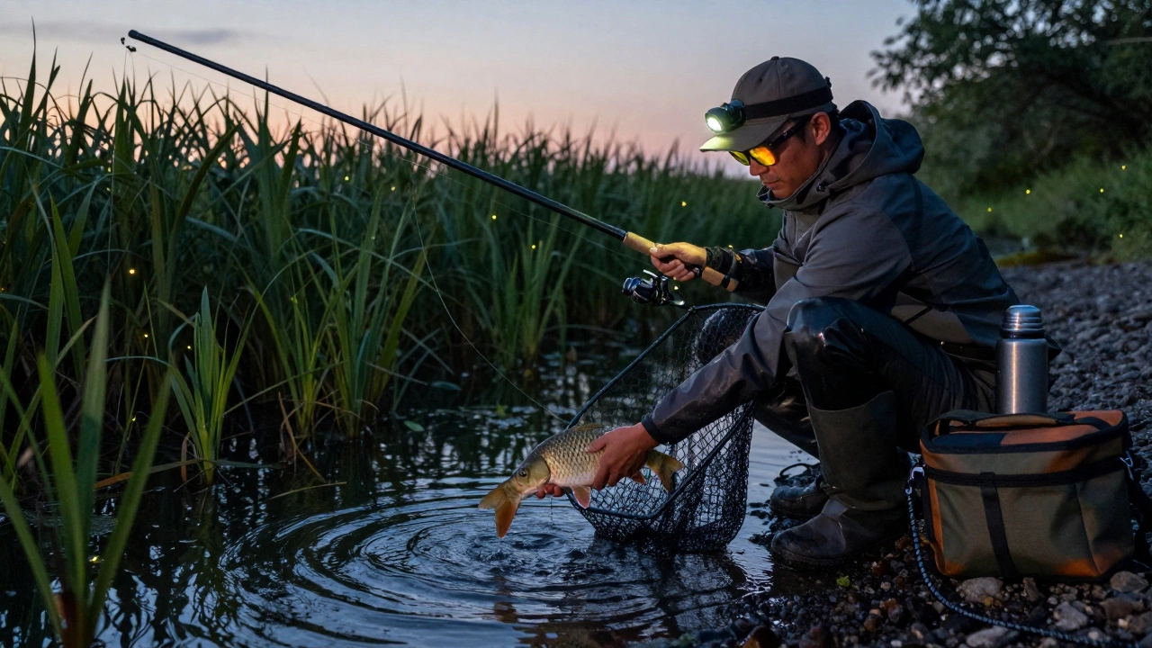 Рыбак с сеткой и фонариком на берегу вечером, держит карася над водой, рядом термос и снасти.