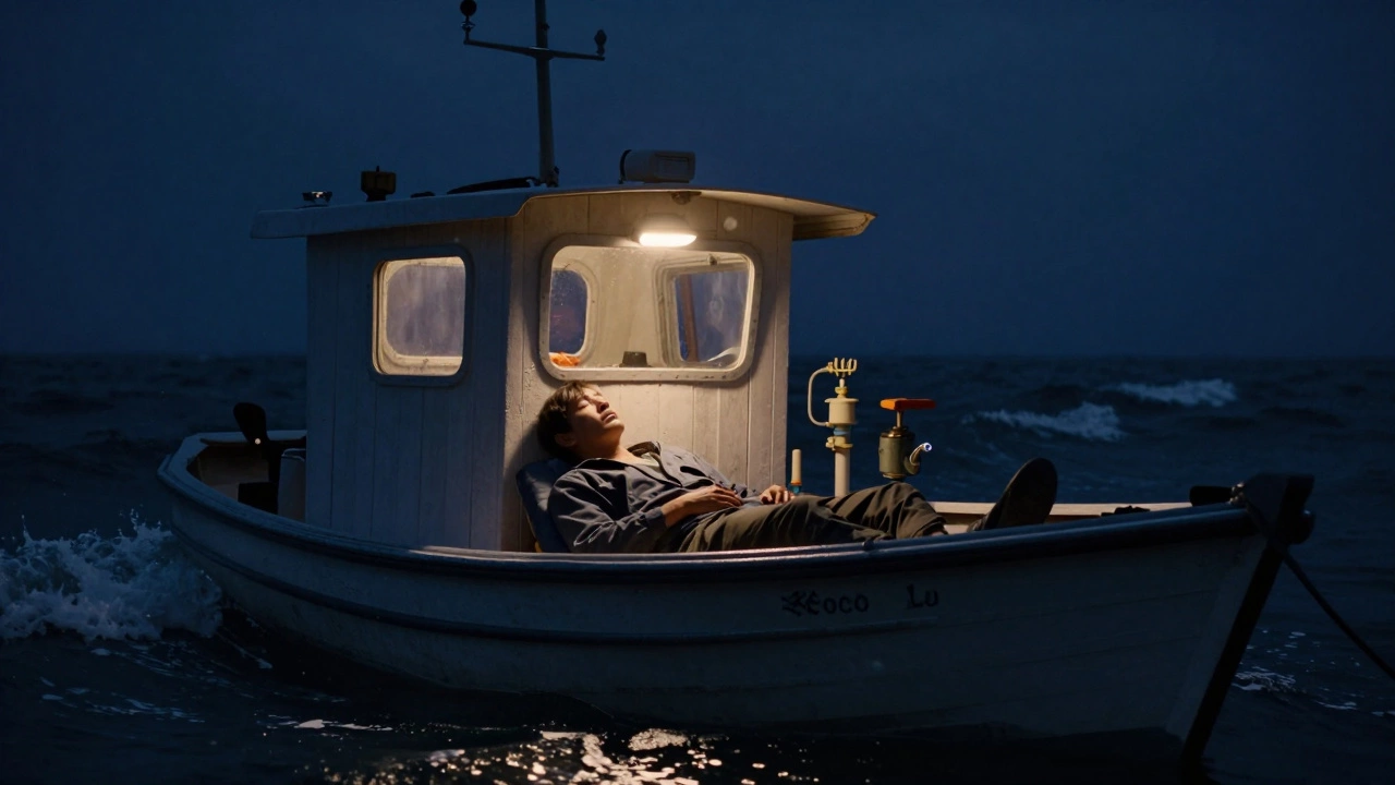 Рыбак спит в кабине маленькой яхты ночью, за бортом — шторм, внутри — свет и оборудование для жизни.