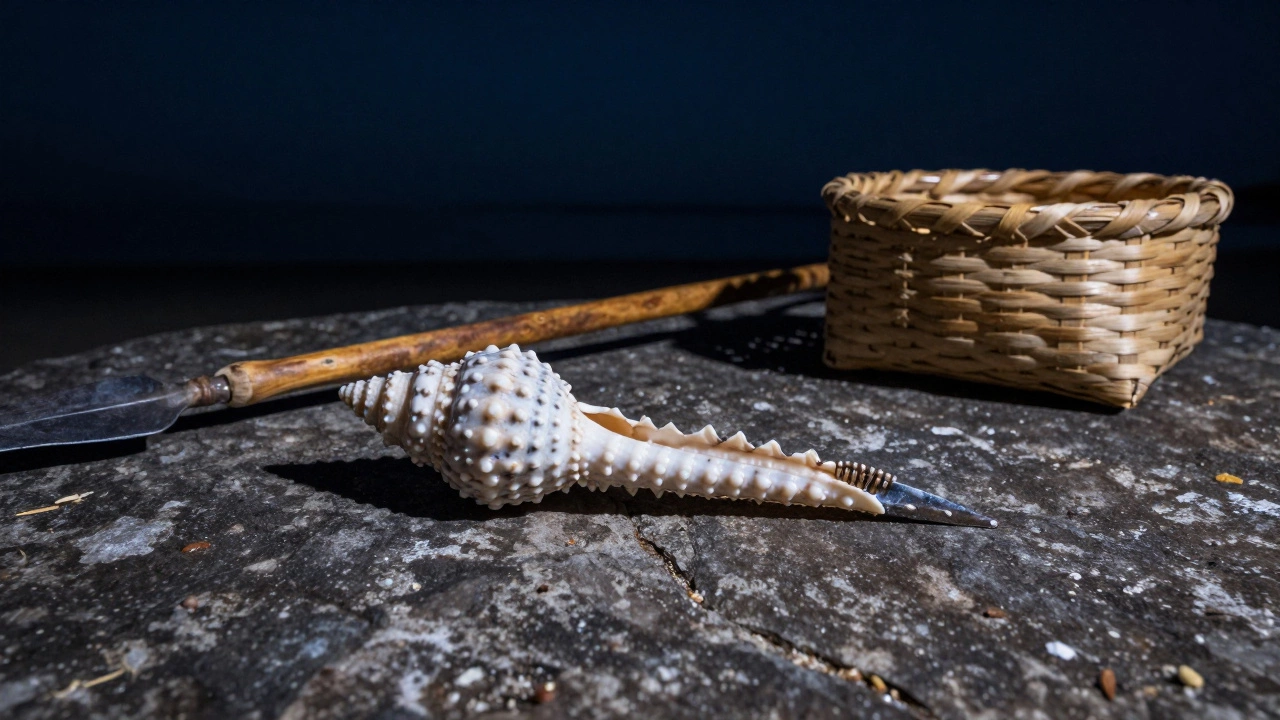 Самый древний рыболовный крючок из ракушки на камне под луной.