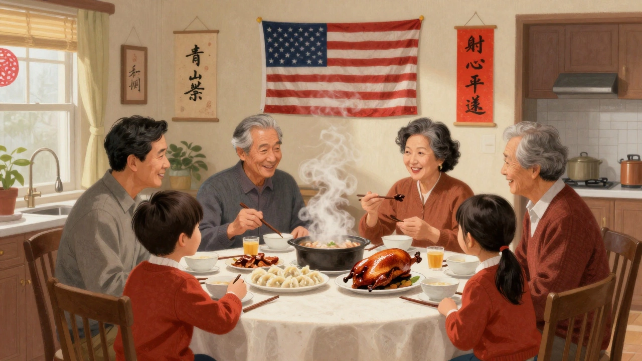 Семья китайских иммигрантов ужинает вместе, сочетая американские и китайские традиции.