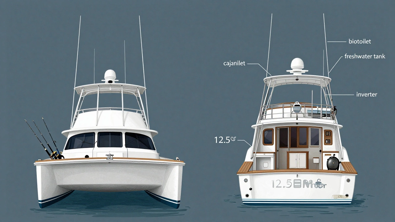 Сравнение катера и яхты: слева — открытая лодка, справа — судно с каютой, туалетом и генератором.