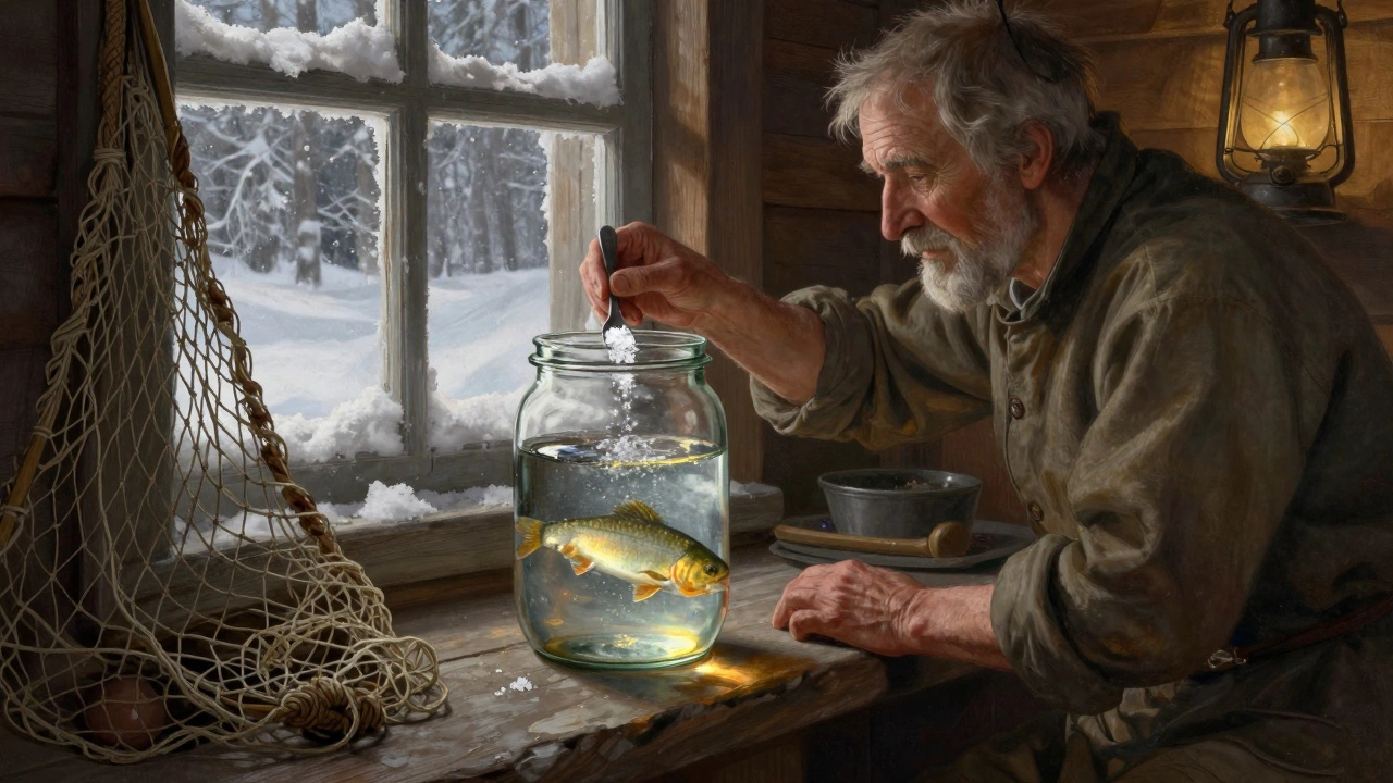 Старый рыбак кладёт живца в воду с солью в деревянной избе