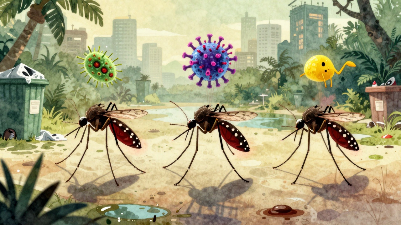 Три комара с символами малярии, денге и желтой лихорадки летят над тропическим городом с грязной водой.