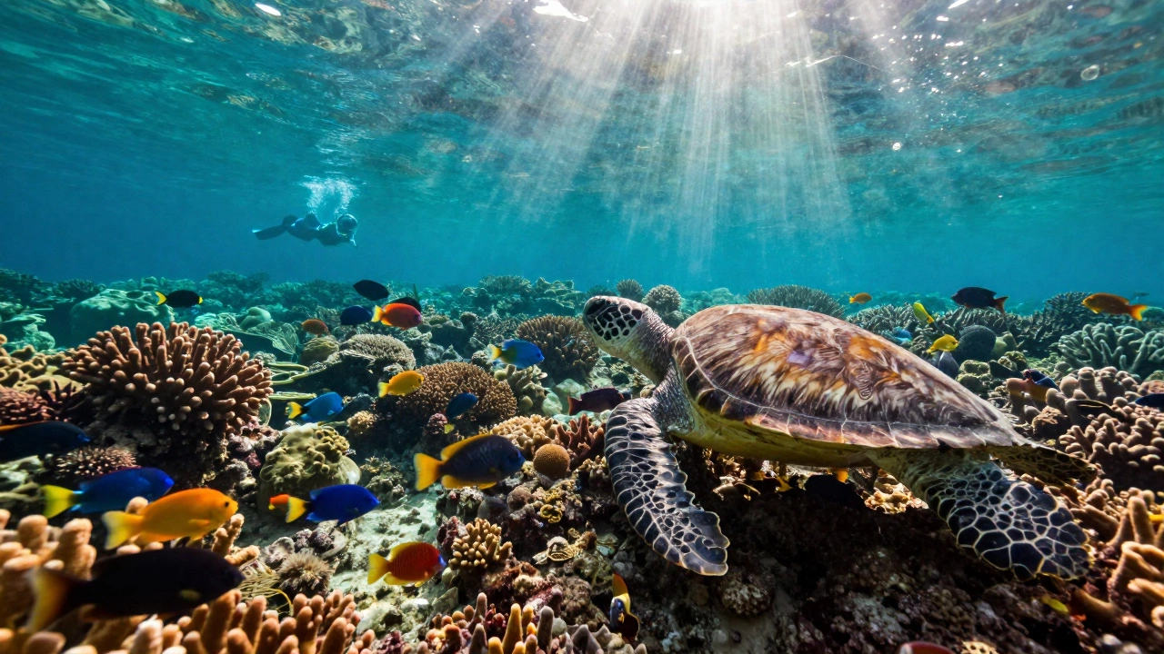 Colorful coral reef with fish and sea turtles under sunlit turquoise water in Southeast Asia.