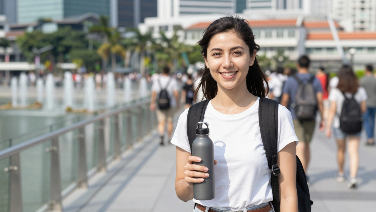 Довольная женщина-туристка на пешеходном мосту в городе.