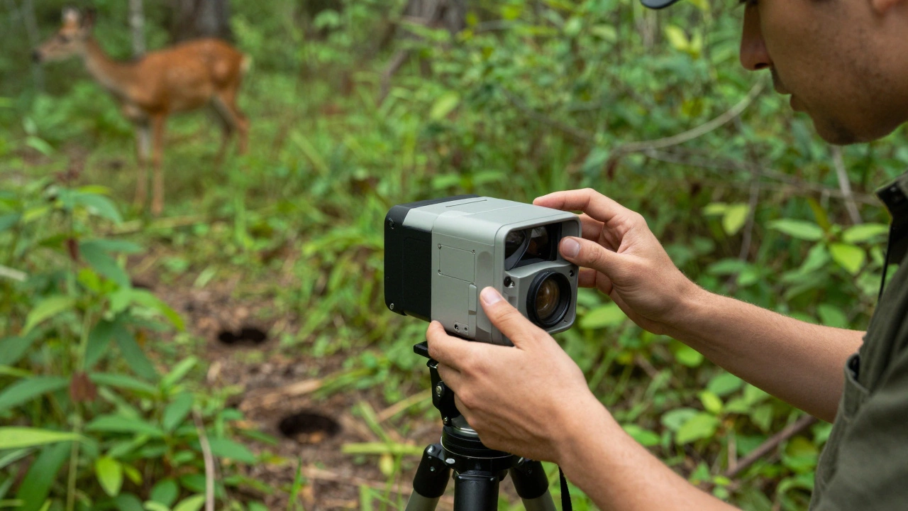 Эколог устанавливает фотоловушку для мониторинга