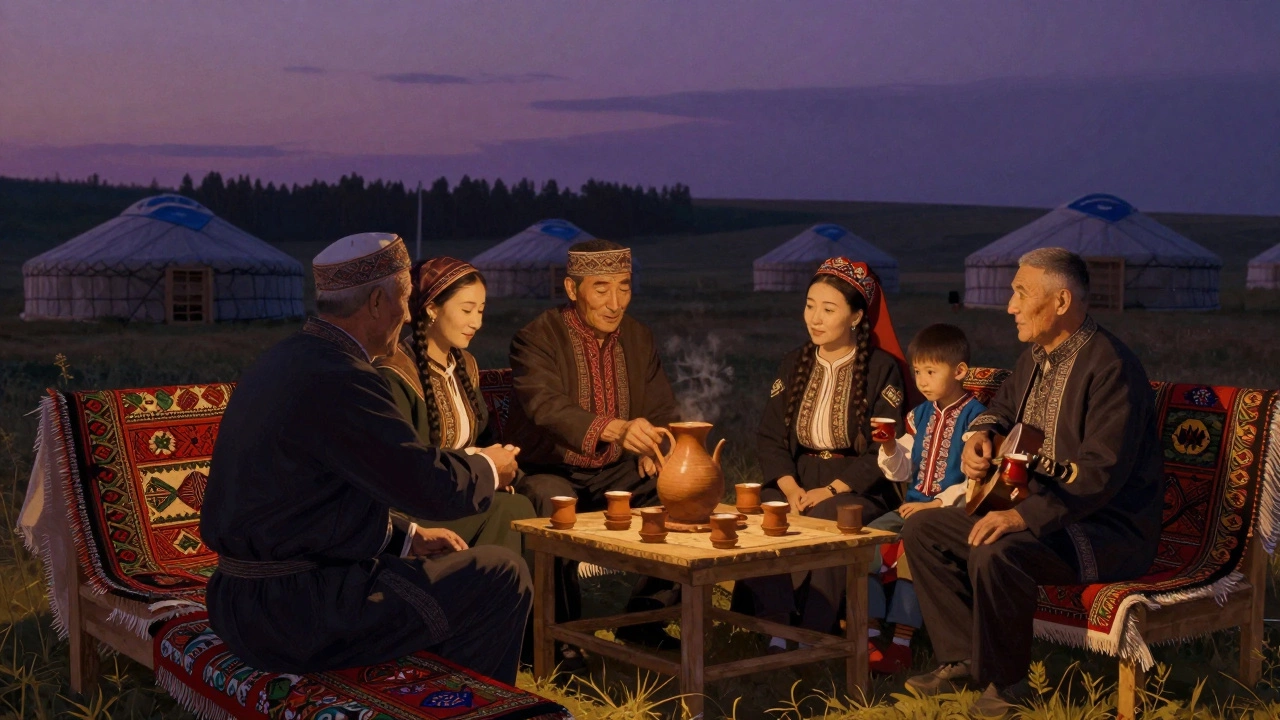 Гости пьют чай с башкирскими старейшинами в деревне при закате, слушая народную песню.