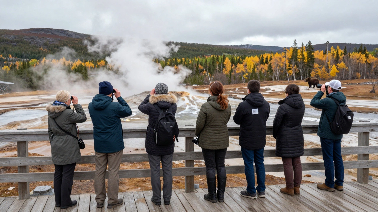 Группа туристов с гидом наблюдает за гейзерами и медведем в Кроноцком заповеднике.