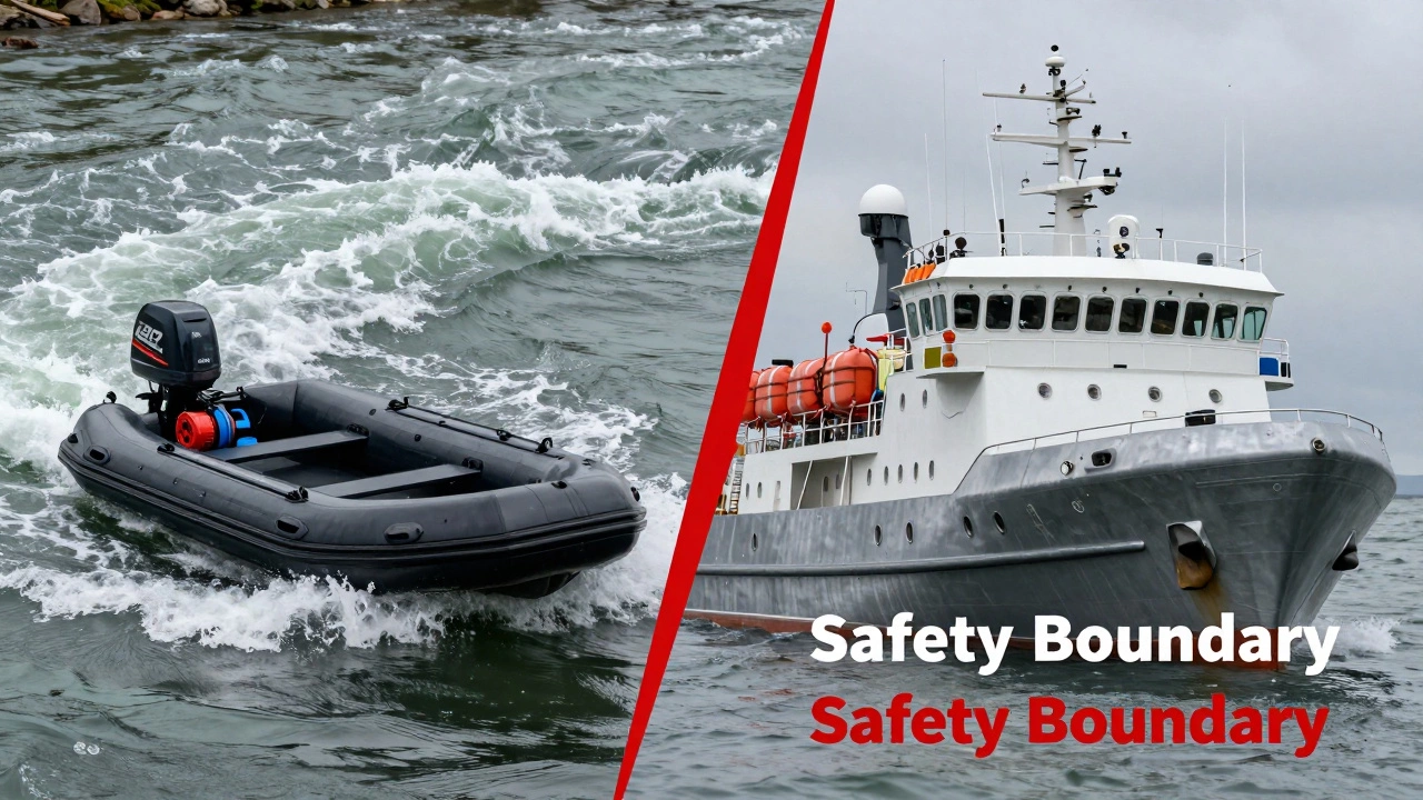 Контраст между маленькой лодкой и большим кораблём с указанием границы безопасности