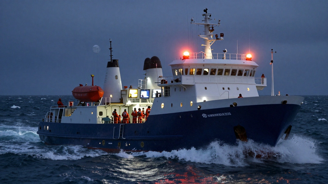 Крупный рыболовный траулер в штормовом море с экипажем на мостике