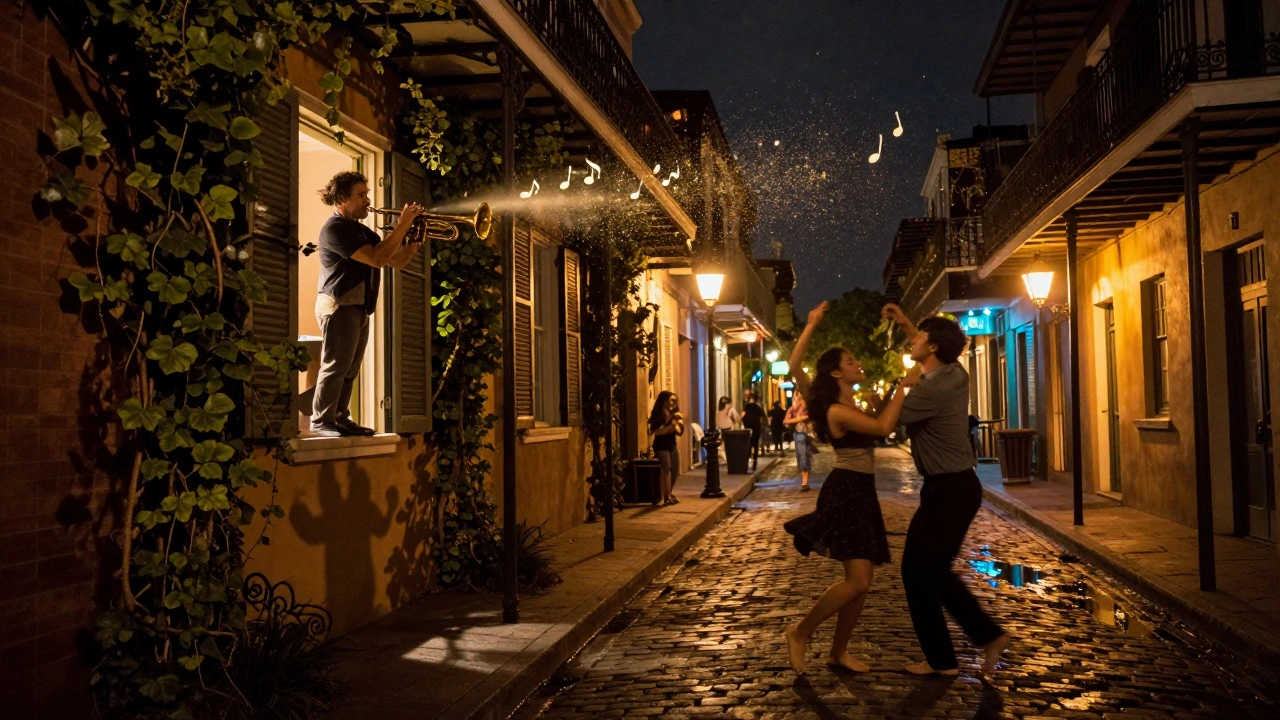Нью-Орлеан ночью: джаз-музыкант на балконе, танцоры на брусчатке, тени кованых решеток.