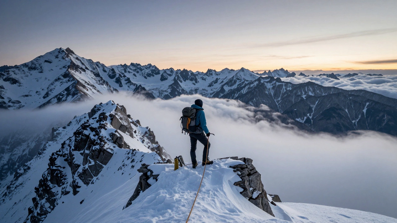 Одинокий турист стоит на вершине горы в Кавказе, оглядываясь на облака и скалы.