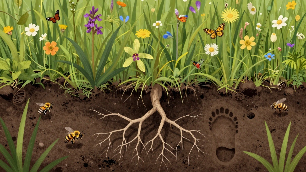 Подземная сеть корней и насекомых, опыляющих редкие орхидеи, символизирующая хрупкость экосистемы.