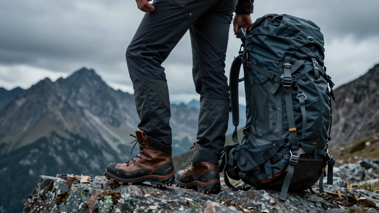 Путешественник с тяжелым рюкзаком на фоне высоких гор