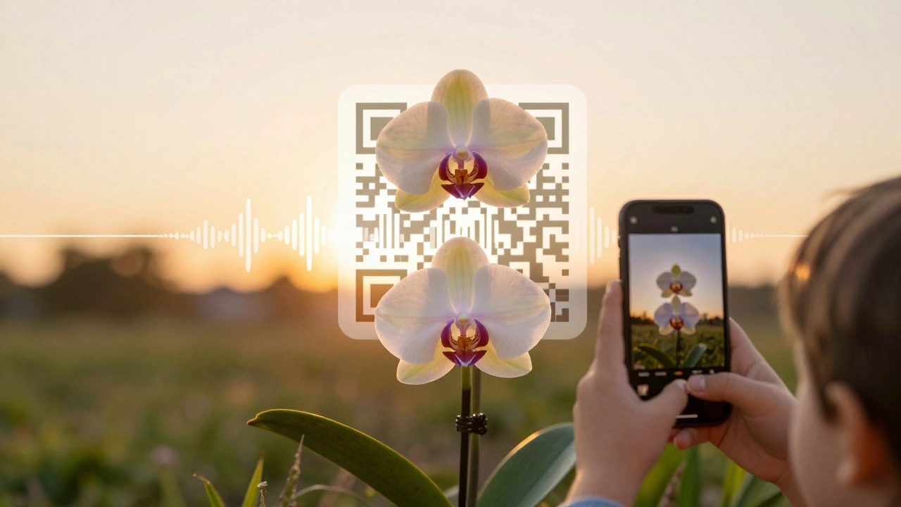 QR-код над орхидеей в заповеднике, человек фотографирует цветок, не трогая его, в тёплом закатном свете.