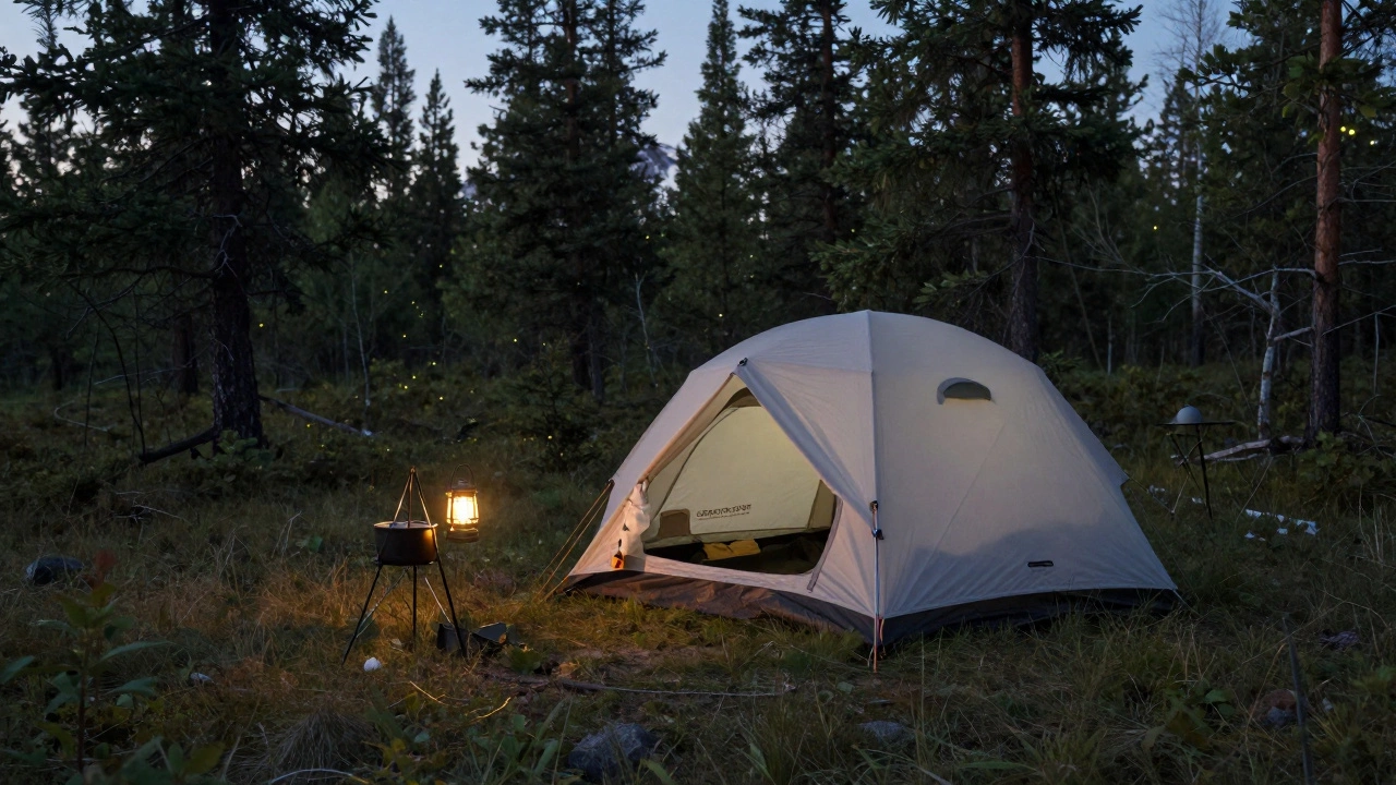 Разложенная палатка и туристический костер в диких горах